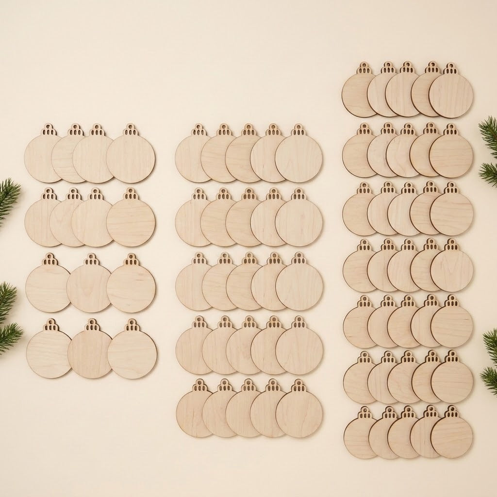 Unfinished wood ornament blanks with round bauble shapes are arranged in three groups on a cream background bordered by evergreen sprigs.