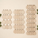 Unfinished wood ornament blanks with round bauble shapes are arranged in three groups on a cream background bordered by evergreen sprigs.