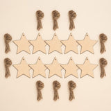 Ten unfinished wood star ornament blanks with hanging holes sit in two rows, surrounded by brown twine bundles on a cream background.