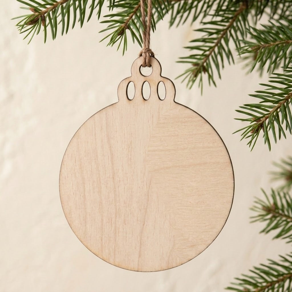 An unfinished light wood ornament blank hangs by brown twine from a green Christmas tree branch against a cream background.