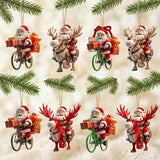 Eight Christmas ornaments featuring Santa Claus riding reindeer or bicycles with gifts, hanging from green pine branches against a soft beige background.