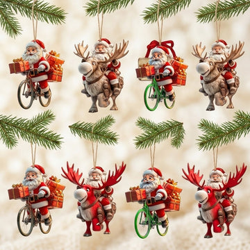 Eight Christmas ornaments featuring Santa Claus riding reindeer or bicycles with gifts, hanging from green pine branches against a soft beige background.