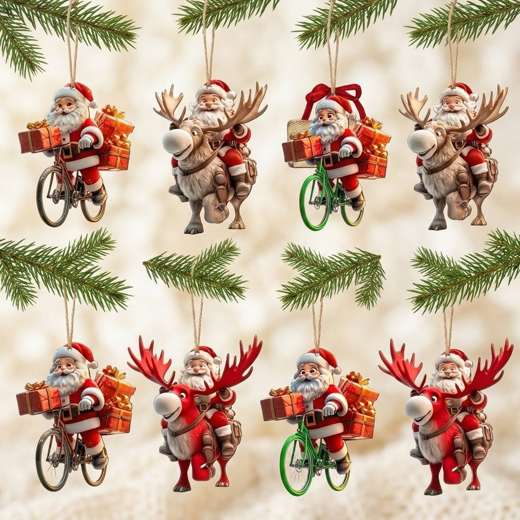 Eight Christmas ornaments featuring Santa Claus riding reindeer or bicycles with gifts, hanging from green pine branches against a soft beige background.