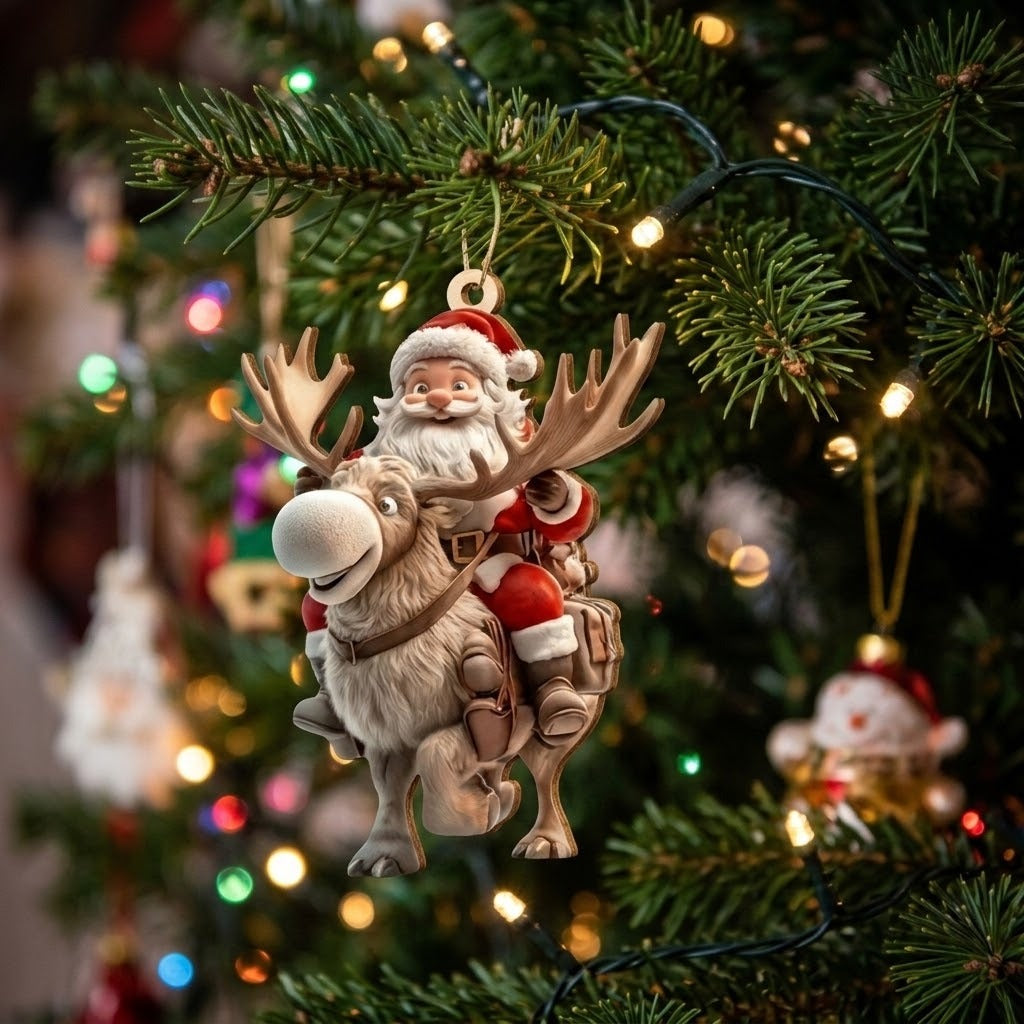 A Santa Claus and reindeer ornament hanging on a decorated Christmas tree with warm lights and blurred colorful bokeh in the background.