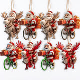 Six Christmas hanging ornaments featuring Santa Claus riding reindeer bicycles while carrying wrapped gifts, shown on a plain white background.