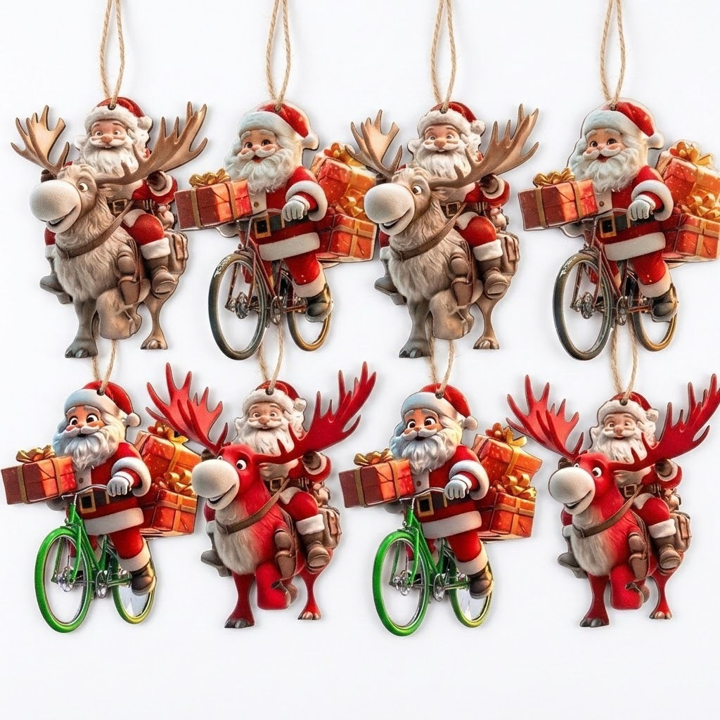 Six Christmas hanging ornaments featuring Santa Claus riding reindeer bicycles while carrying wrapped gifts, shown on a plain white background.