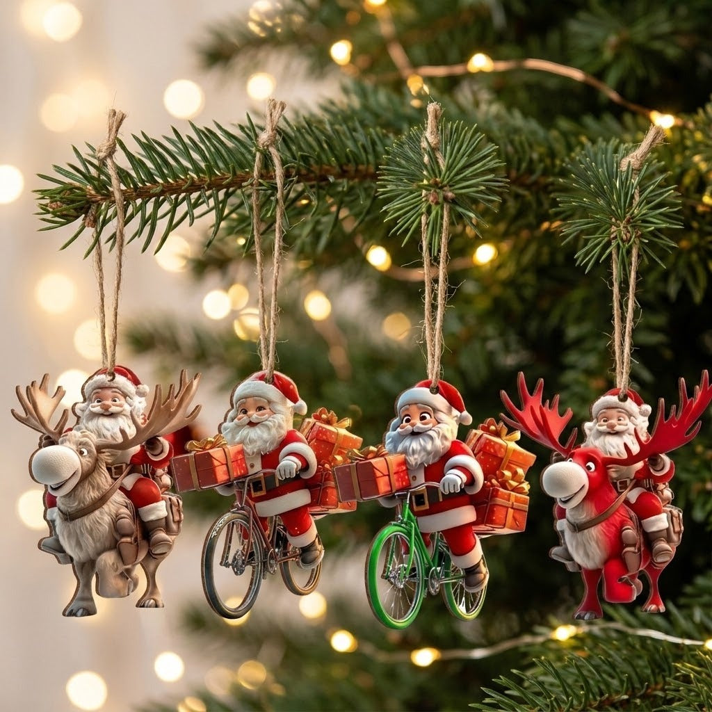 Four Christmas ornaments shaped Santa Claus riding reindeer on bicycles, hanging from a decorated Christmas tree with warm string lights in the background.