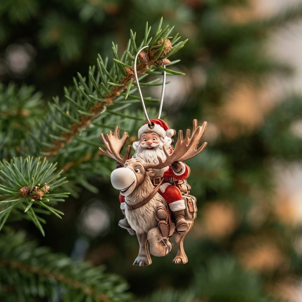 A Santa Claus and reindeer Christmas ornament hanging from a pine tree branch, with a softly blurred holiday tree background.