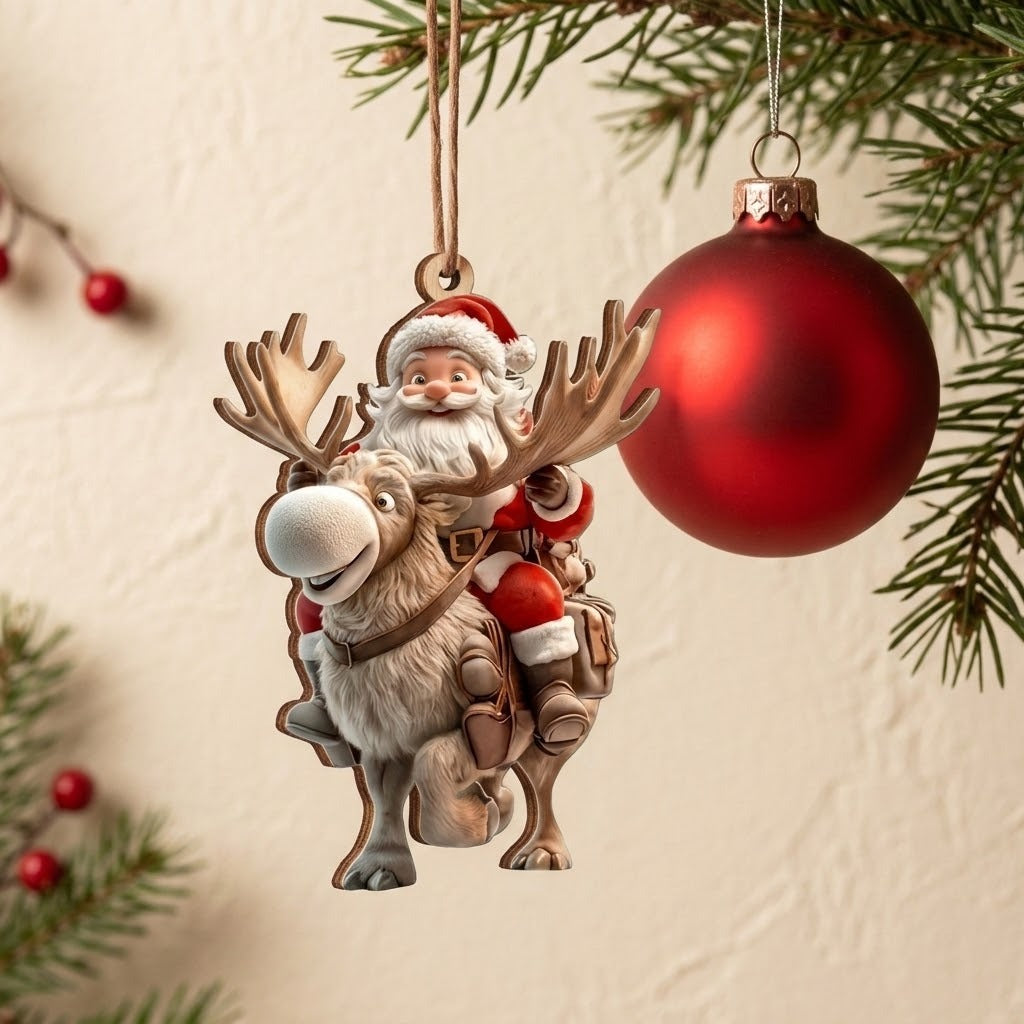 A Christmas ornament featuring Santa Claus riding a reindeer, hanging from a pine branch next to a large red bauble against a warm off-white wall.