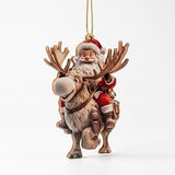 Flat wood Christmas ornament depicts Santa in red riding a brown reindeer, suspended from gold cord against a white background.