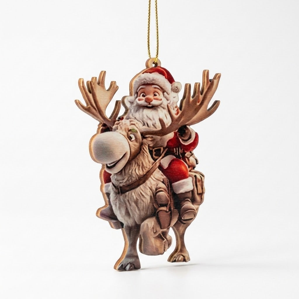 Flat wood Christmas ornament depicts Santa in red riding a brown reindeer, suspended from gold cord against a white background.