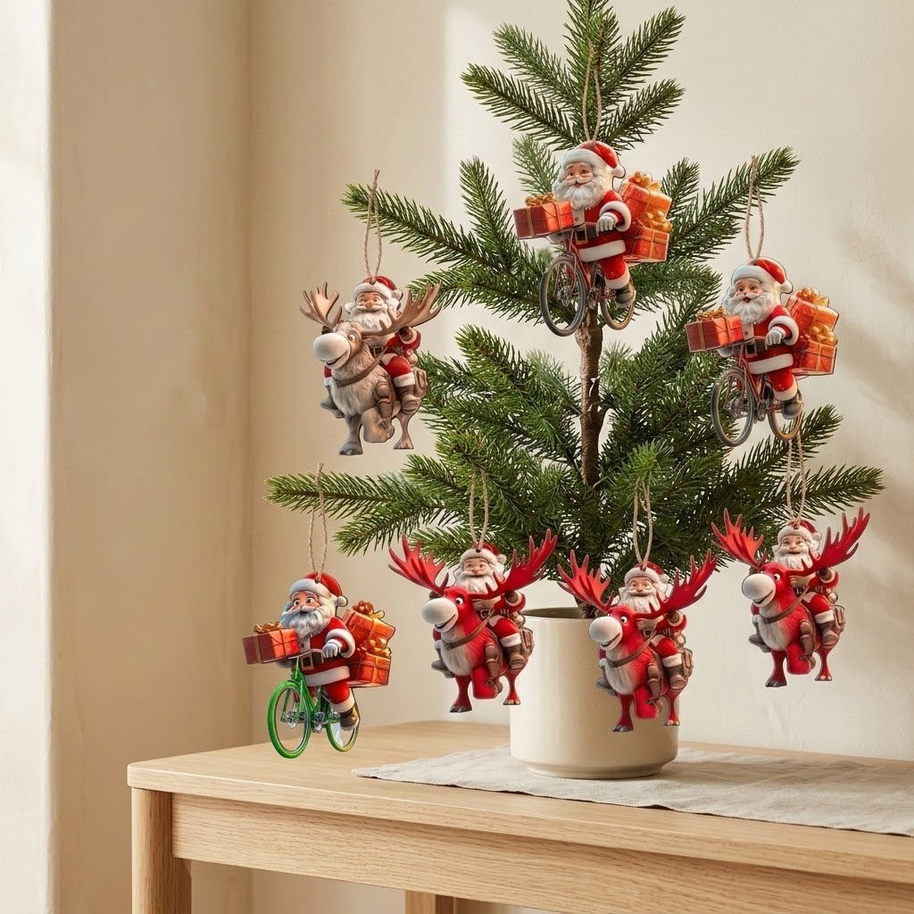 A small evergreen Christmas tree displayed on a light wood table, decorated with multiple hanging Santa Claus ornaments in different poses, including riding bicycles and riding reindeer, with gift boxes and a white pot.