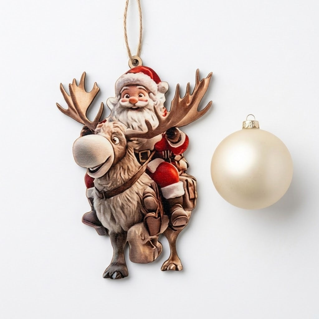 A Santa Claus and reindeer Christmas ornament hanging next to a round cream-colored Christmas ball on a light gray background.