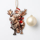 A Santa Claus and reindeer Christmas ornament hanging next to a round cream-colored Christmas ball on a light gray background.