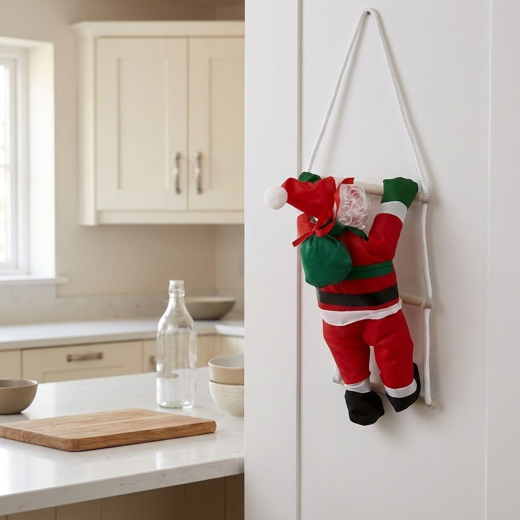 Hanging Christmas decoration with one red Santa climbing a white ladder on a white kitchen door.