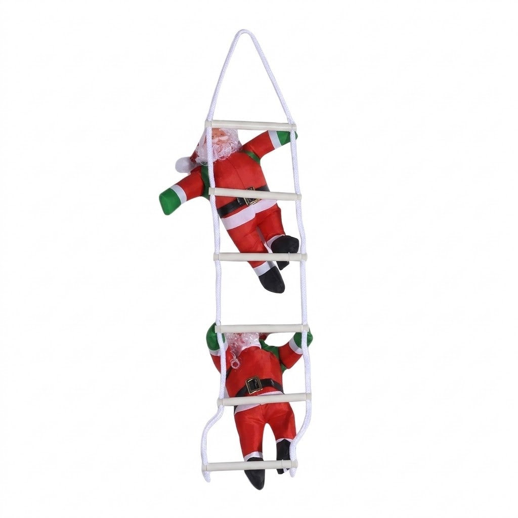 Hanging Christmas decoration featuring two red Santas with green mittens on a white ladder against a plain white background.
