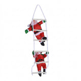 Hanging Christmas decoration featuring two red Santas with green mittens on a white ladder against a plain white background.