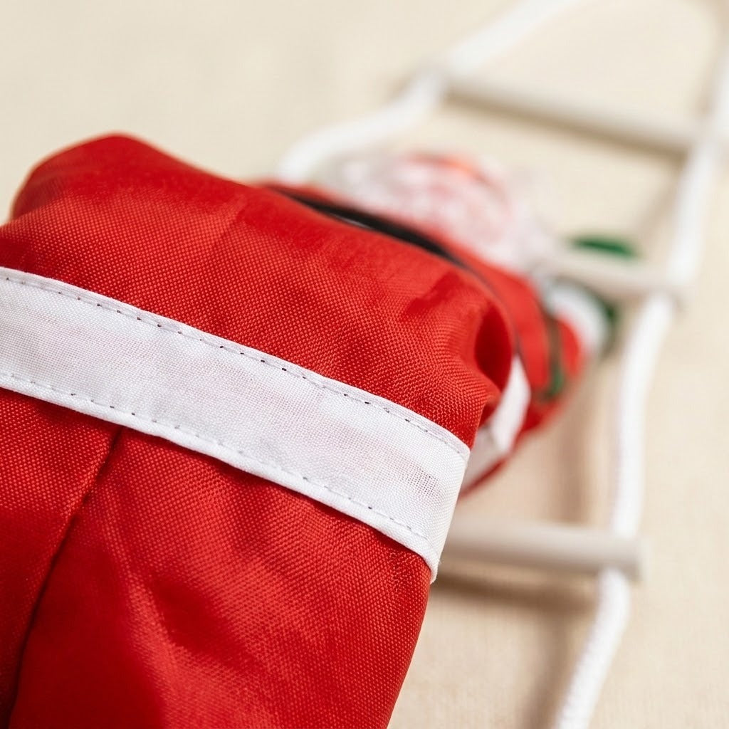 Close-up of the hanging Christmas decoration shows red Oxford cloth, stitched white trim, and a blurred white ladder behind.