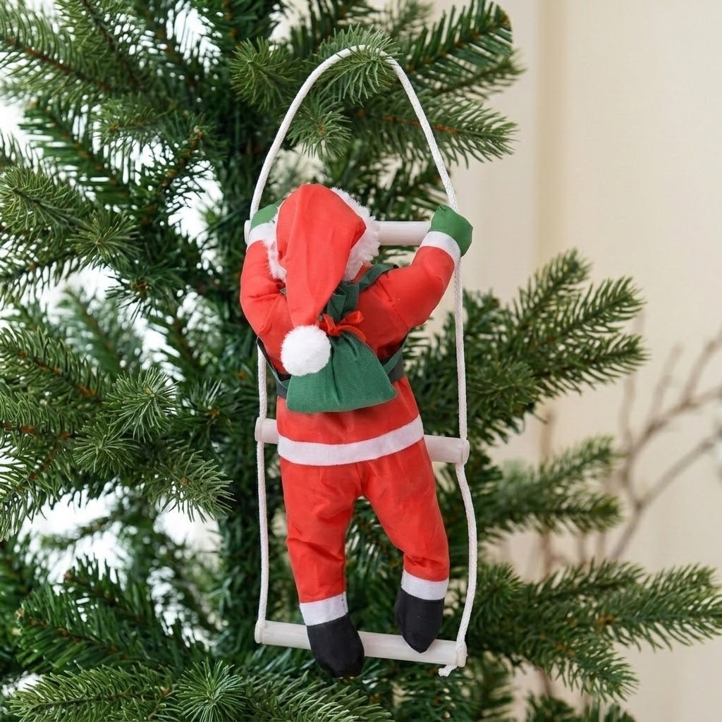 Hanging Christmas decoration viewed from behind shows a red Santa with a green sack climbing a white ladder on a Christmas tree.