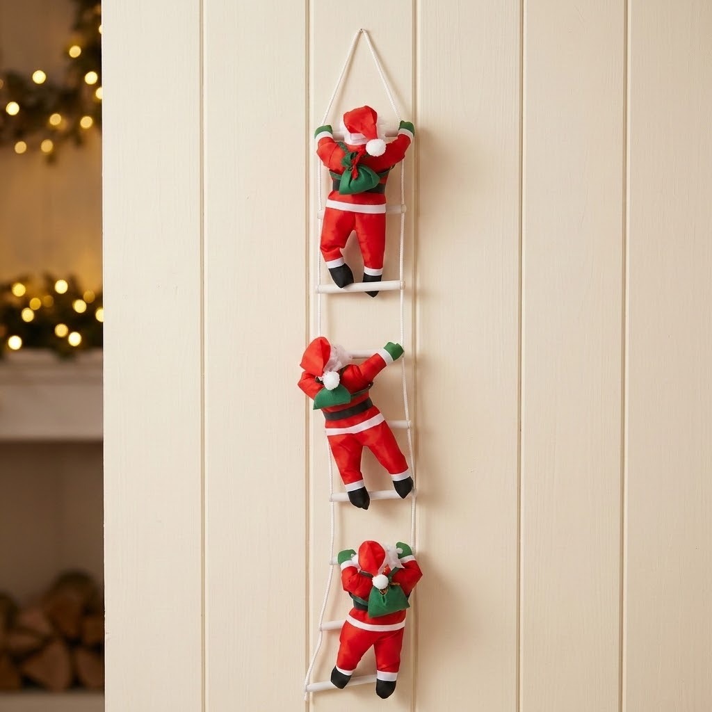 Three hanging Christmas Santa Claus figures climbing a white ladder decoration on a cream-colored paneled wall, with warm blurred holiday lights in the background.