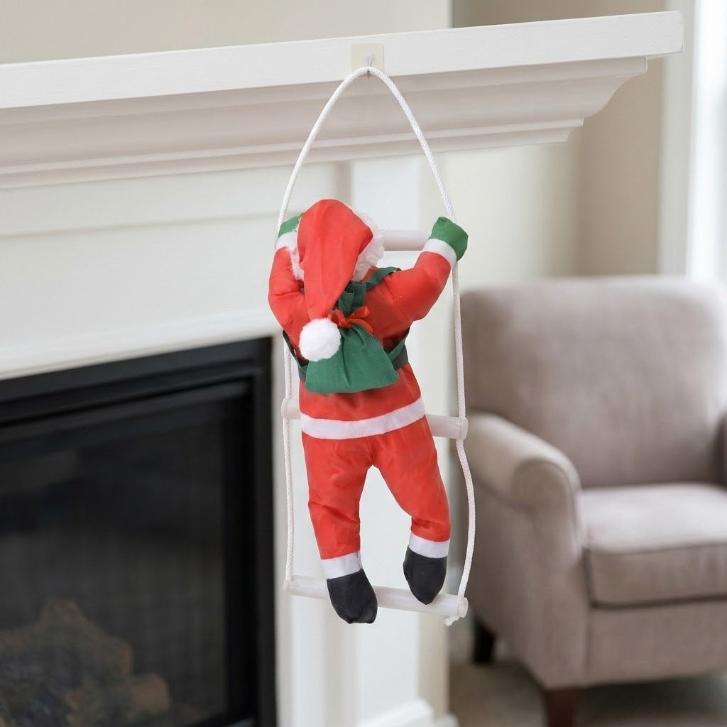 A hanging Christmas decoration features one red Santa with a green sack climbing a white rope ladder beside a white fireplace.