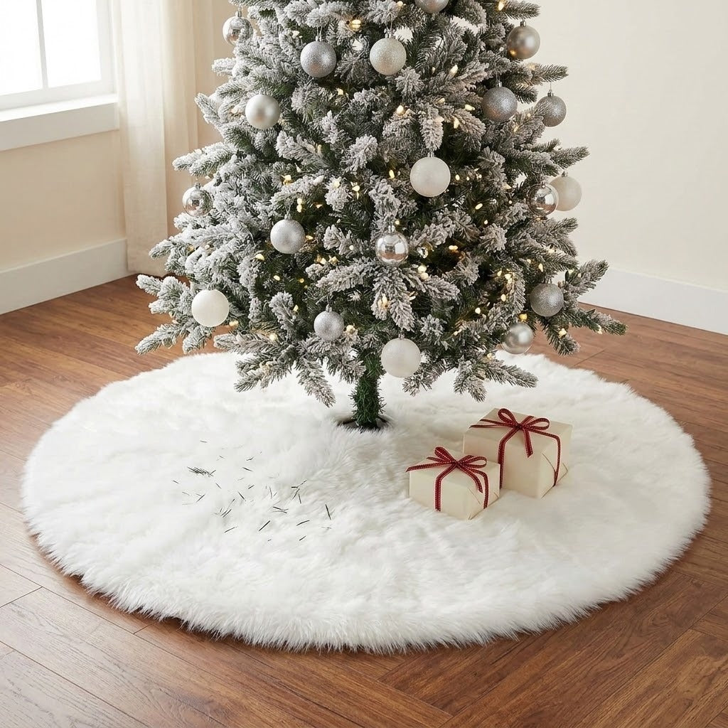 A round white fluffy tree skirt surrounds a frosted Christmas tree, with scattered needles and two wrapped gifts on a wooden floor.