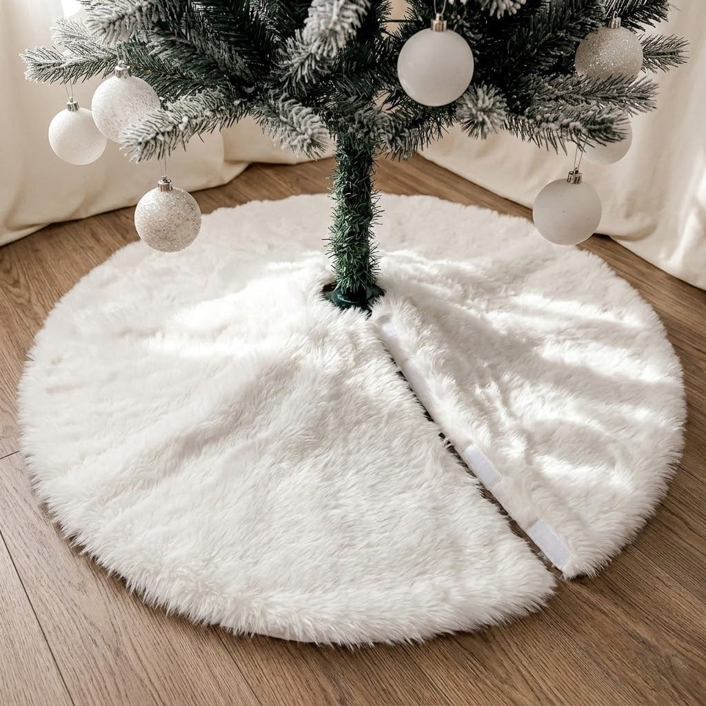 A white fluffy tree skirt with an open radial slit surrounds a decorated Christmas tree on a wooden floor beside cream curtains.