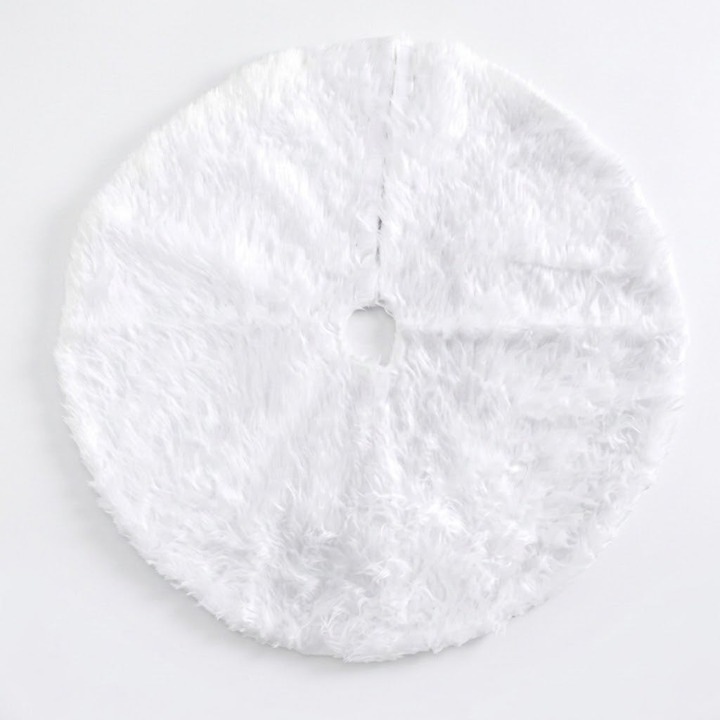 A round white fluffy tree skirt lies flat against a pale background, showing its central opening and radial slit.