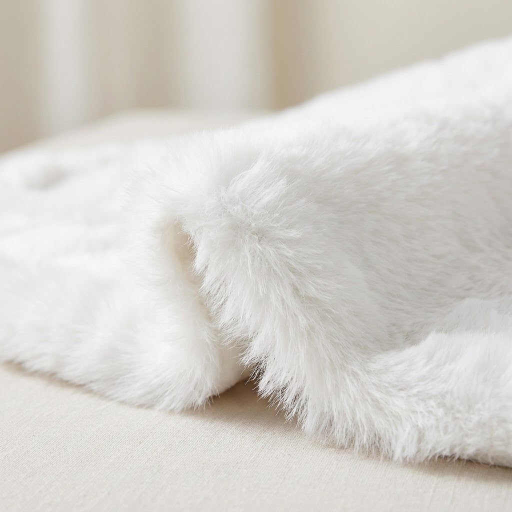 A close-up shows the white tree skirt folded on a cream surface, highlighting its fluffy pile and fabric backing.