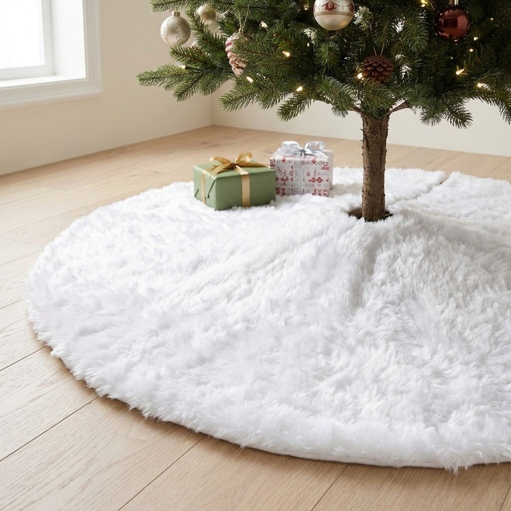 A white fluffy tree skirt surrounds a decorated Christmas tree on a pale wooden floor, with two wrapped gifts near the trunk.