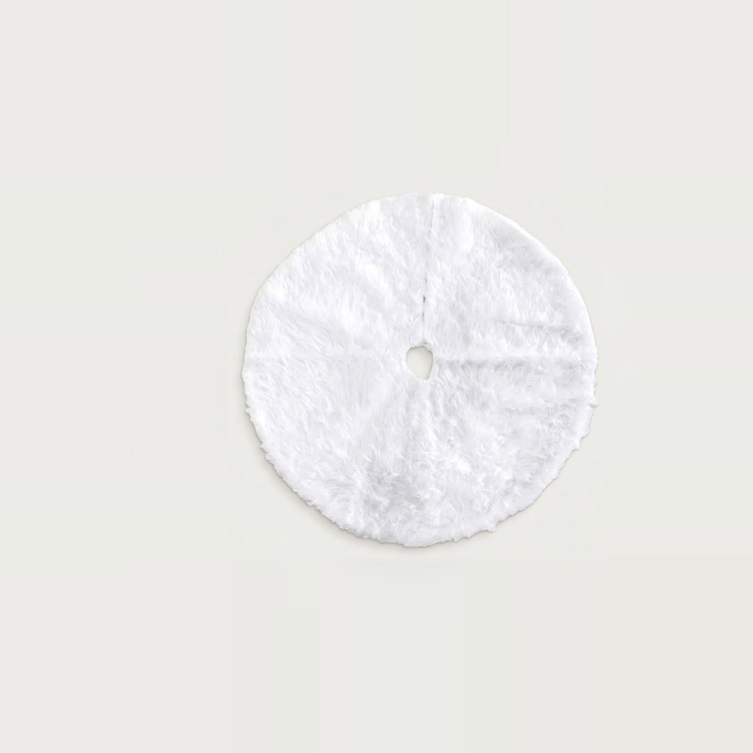 Round white fluffy Christmas tree skirt with a central hole and slit, displayed flat against a light neutral background.