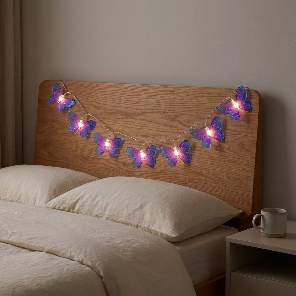 Purple and blue butterfly string lights glow across a wooden headboard above white bedding beside a nightstand.
