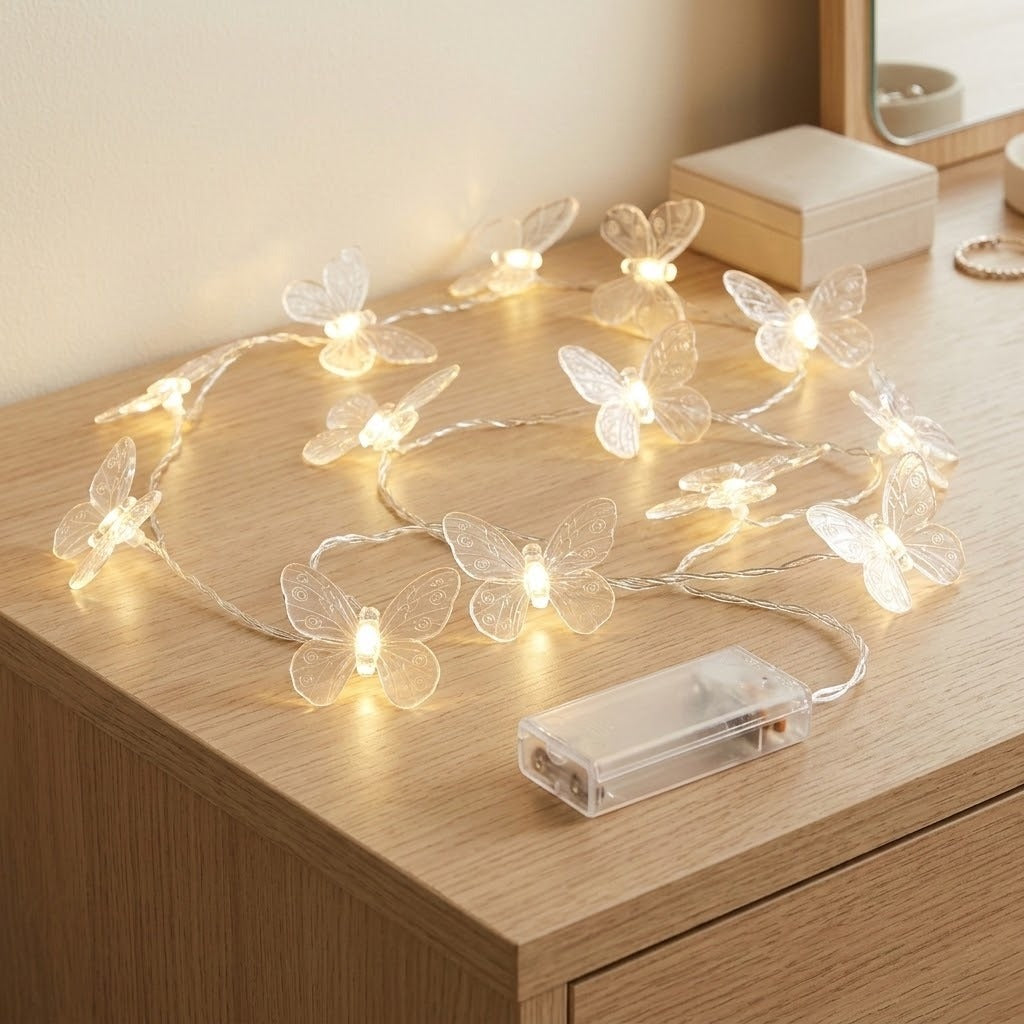 Clear butterfly string lights glow warm yellow on a wooden dresser beside a transparent battery box, mirror, and cream storage box.