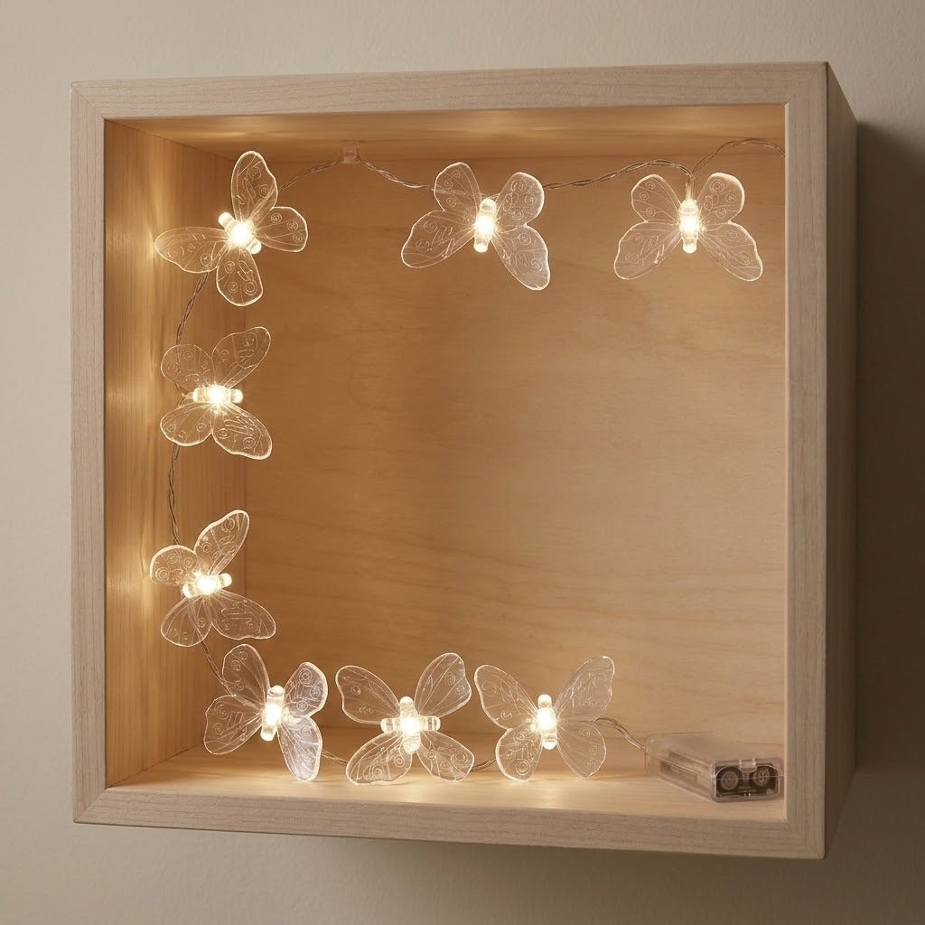 Clear butterfly string lights glow around the inside of a square wooden display box, with a battery box at the bottom.