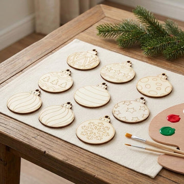 Unfinished wood ornament craft set rests on beige cloth atop a wooden table beside paintbrushes, a paint palette, and evergreen branches.