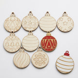 Wood ornament craft set displays pale patterned blanks alongside red and white painted examples on a white background.