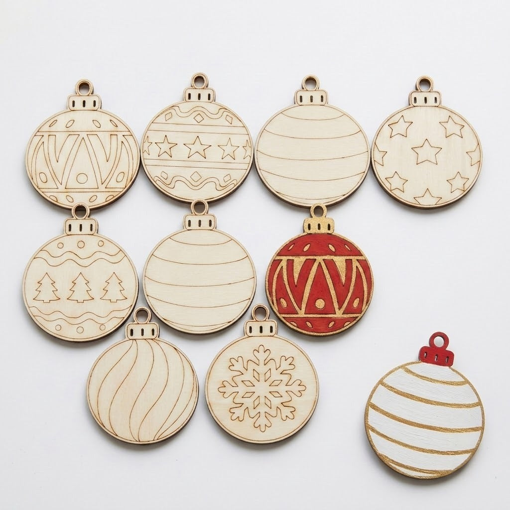 Wood ornament craft set displays pale patterned blanks alongside red and white painted examples on a white background.