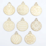 Unfinished wood ornament craft set shows eight round blanks with hanging holes and assorted Christmas patterns on a white background.