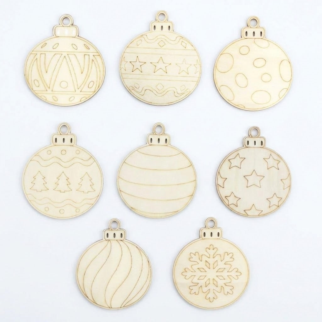 Unfinished wood ornament craft set shows eight round blanks with hanging holes and assorted Christmas patterns on a white background.