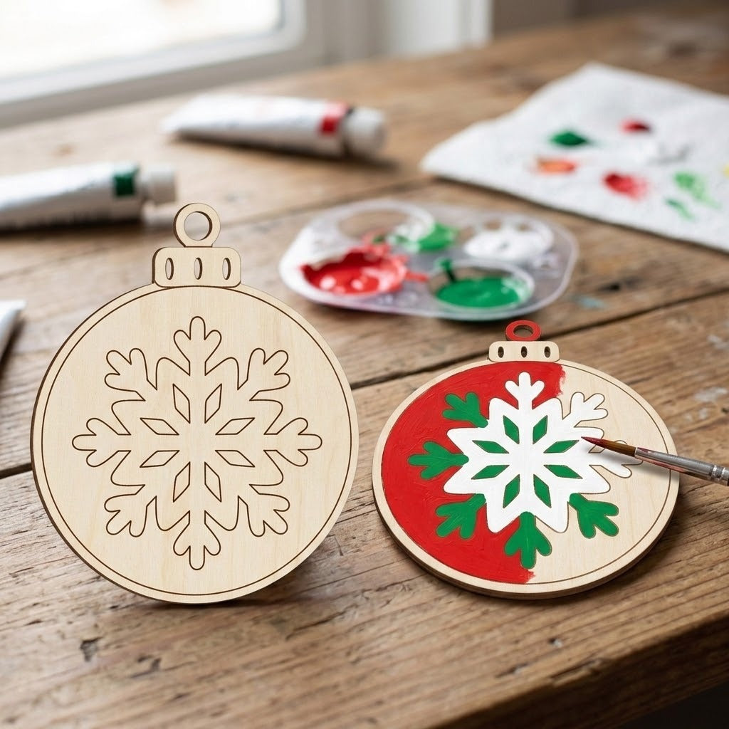 Two round wooden Christmas ornament craft cutouts on a rustic wooden table. One ornament is unfinished light wood with an engraved snowflake, and the other is painted red, green, and white with a white snowflake design, with paint tubes and a paint palette blurred in the background.