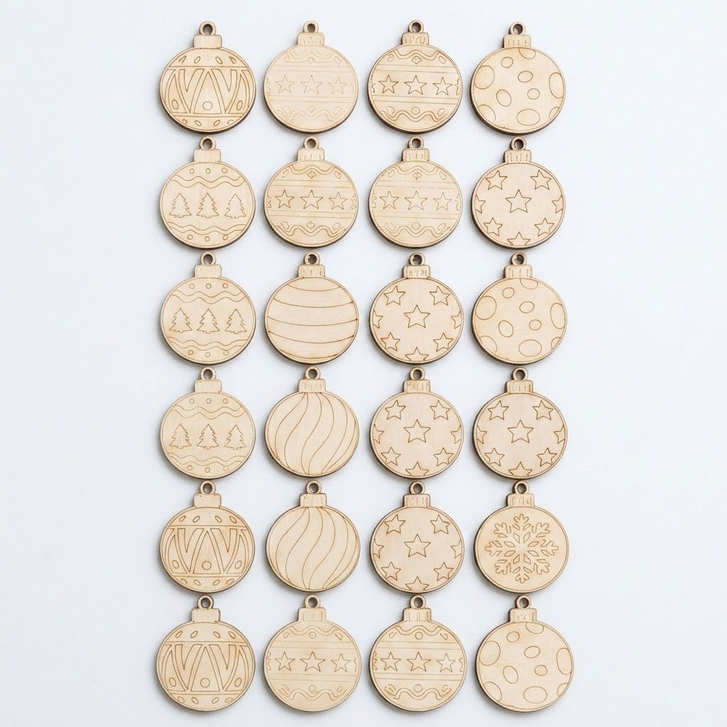 Unfinished wood ornament craft set displays twenty-four pale round blanks with assorted Christmas patterns in six rows against a white background.