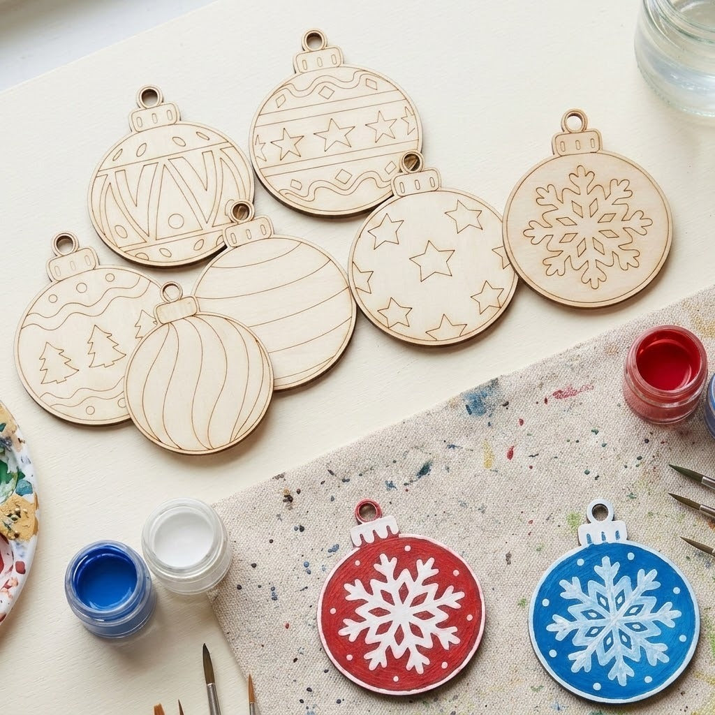 Unpainted wooden Christmas ornament cutouts in various designs, displayed alongside paint jars, brushes, and two painted examples on a speckled craft mat.