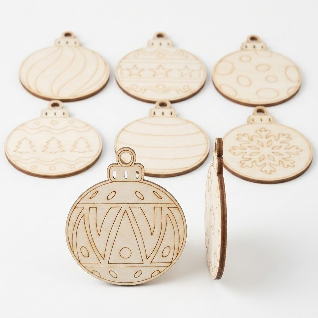 Unfinished wood ornament craft set with patterned bauble shapes on white, including upright pieces showing engraved details and thin edges.