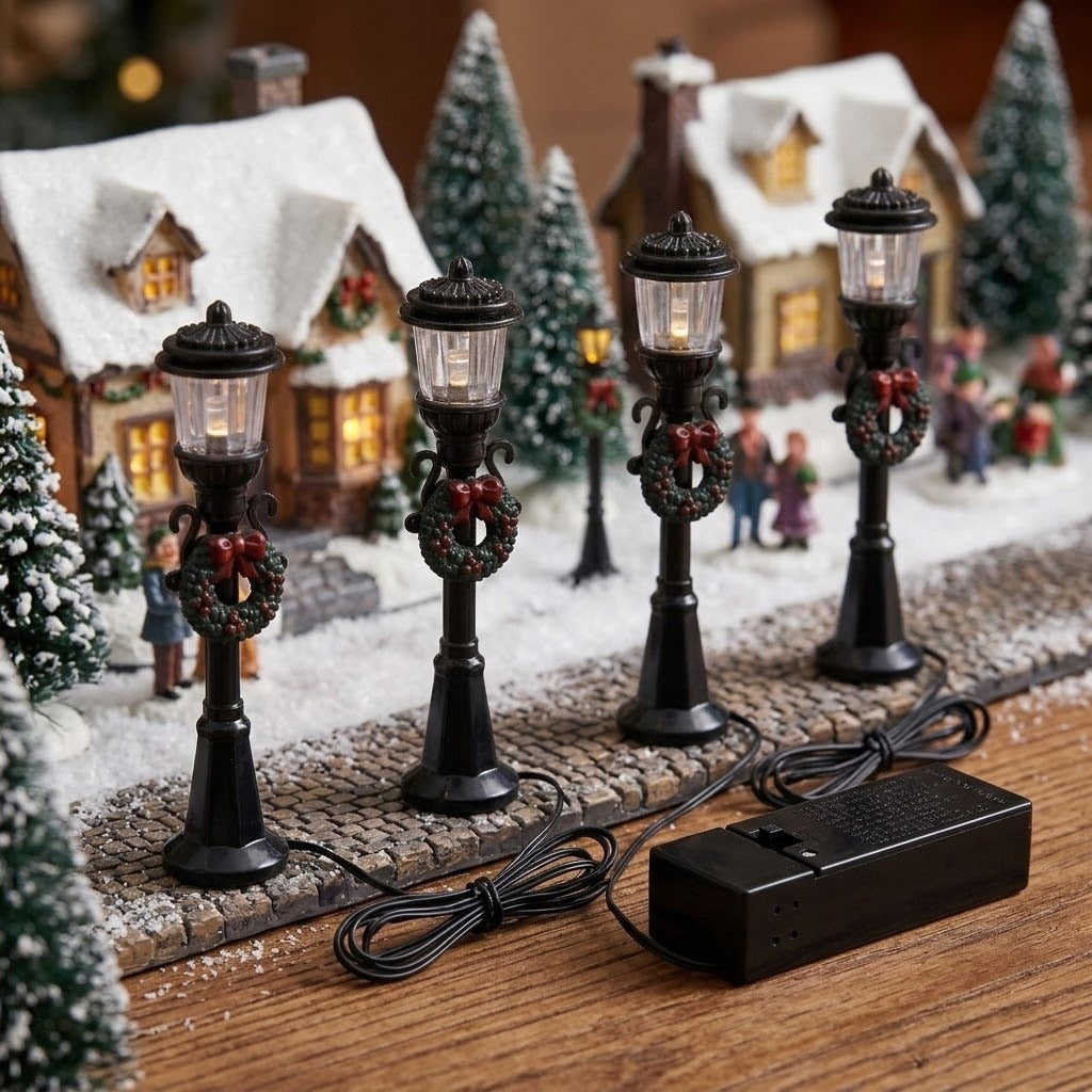 Four black miniature street lights with round lanterns and wreaths line a snowy village street, with wires and a battery box on wood.