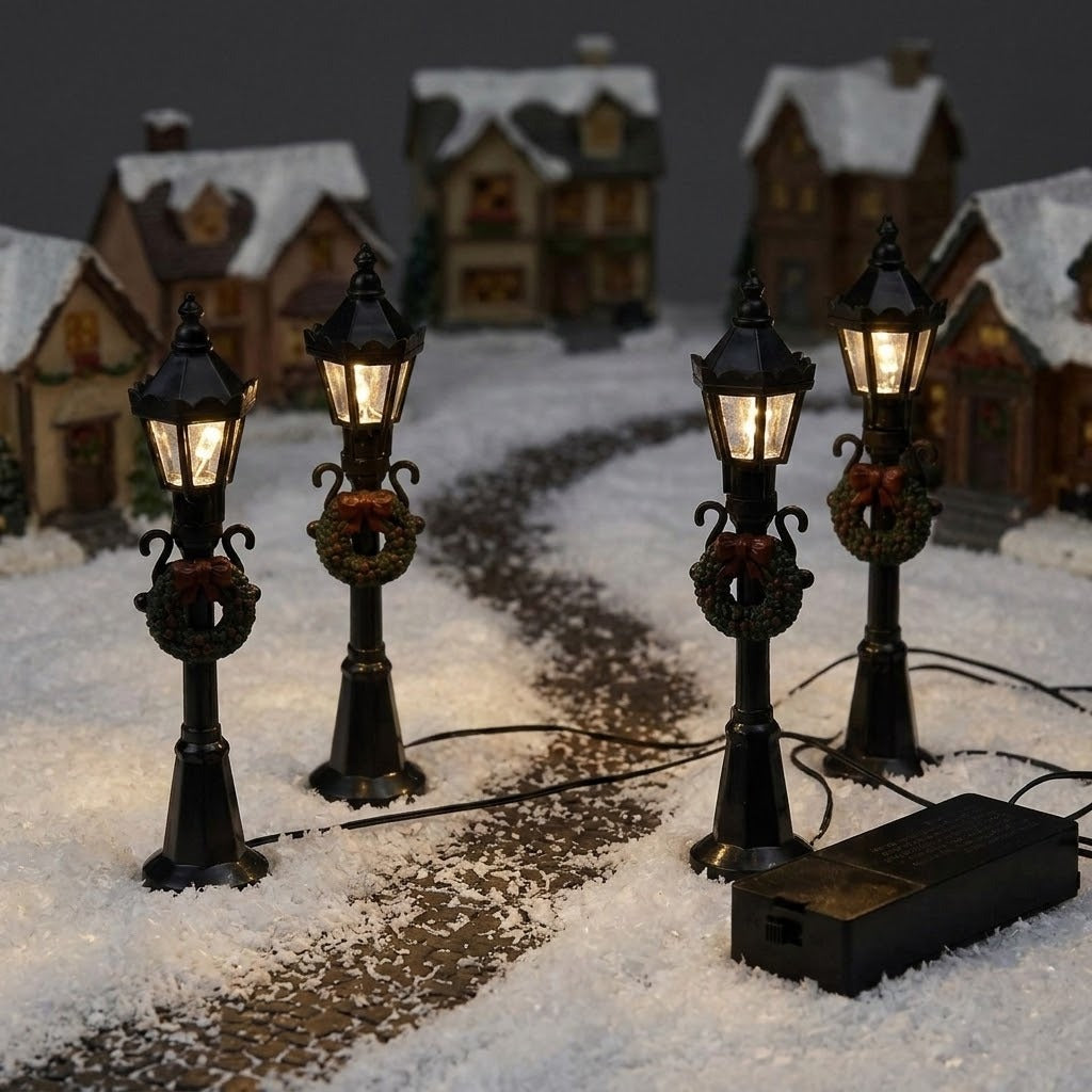 Four black miniature street lights with glowing pointed lanterns and wreaths flank a snowy village path beside wires and a battery box.