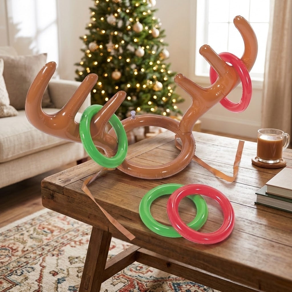 Inflatable reindeer antler ring toss game with brown headgear and four red and green rings on a wooden table beside a Christmas tree.