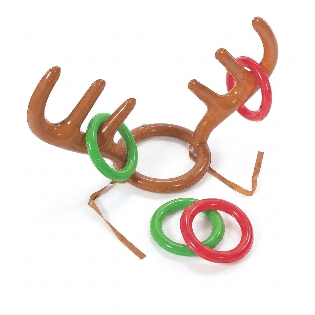 Reindeer ring toss game with brown inflatable antler headgear, matching straps, two red rings, and two green rings against a white background.