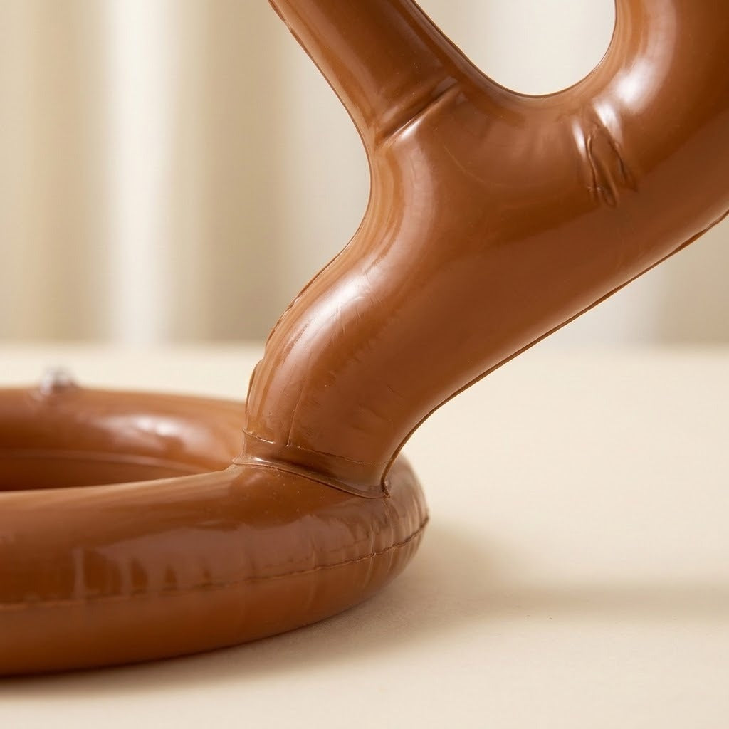 Close-up of the ring toss game's glossy brown PVC antler and circular headgear, showing seams against a beige background.