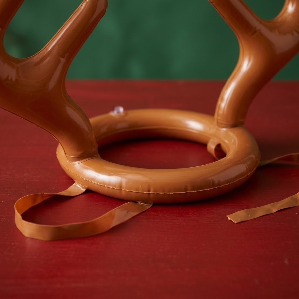 Close-up of the ring toss game's brown inflatable antler headgear and loose straps on a red surface against a dark green background.