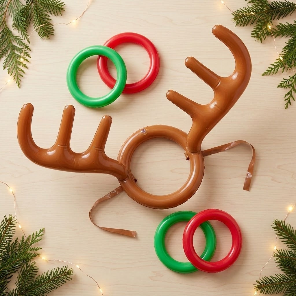 Ring toss game with brown inflatable antler headgear and four red and green rings on pale wood, framed by evergreen branches and string lights.